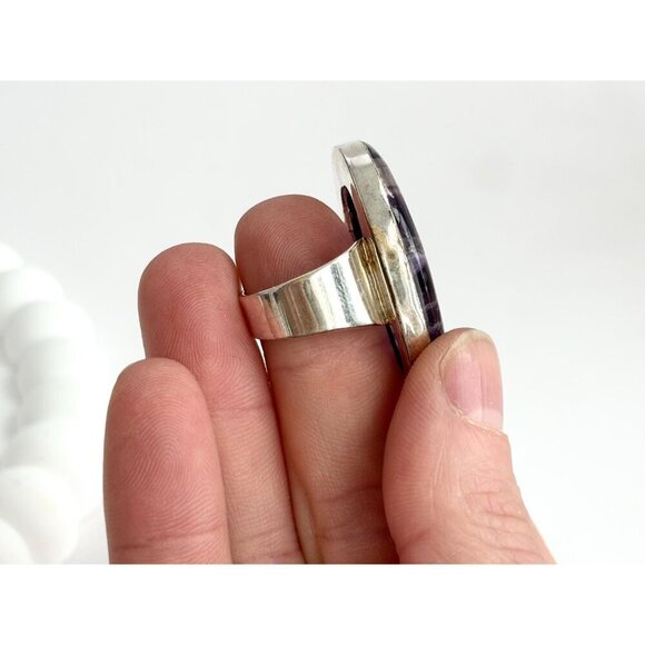 XL Purple Flourite Gemstone Vintage Solitaire Sterling Silver Ring - sz 6 - Picture 5 of 10